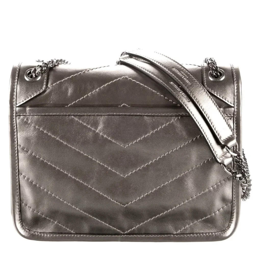 SAINT LAURENT Baby Niki Quilted Metallic Silver Leather Shoulder Bag